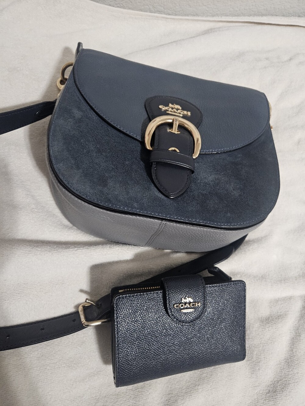 Coach Navy Leather & Suede Saddle Crossbody with Matching Wallet